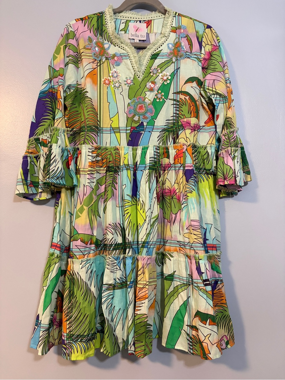 Bella Tu Multicolor Tropical-Print Bell Sleeve Tiered Dress